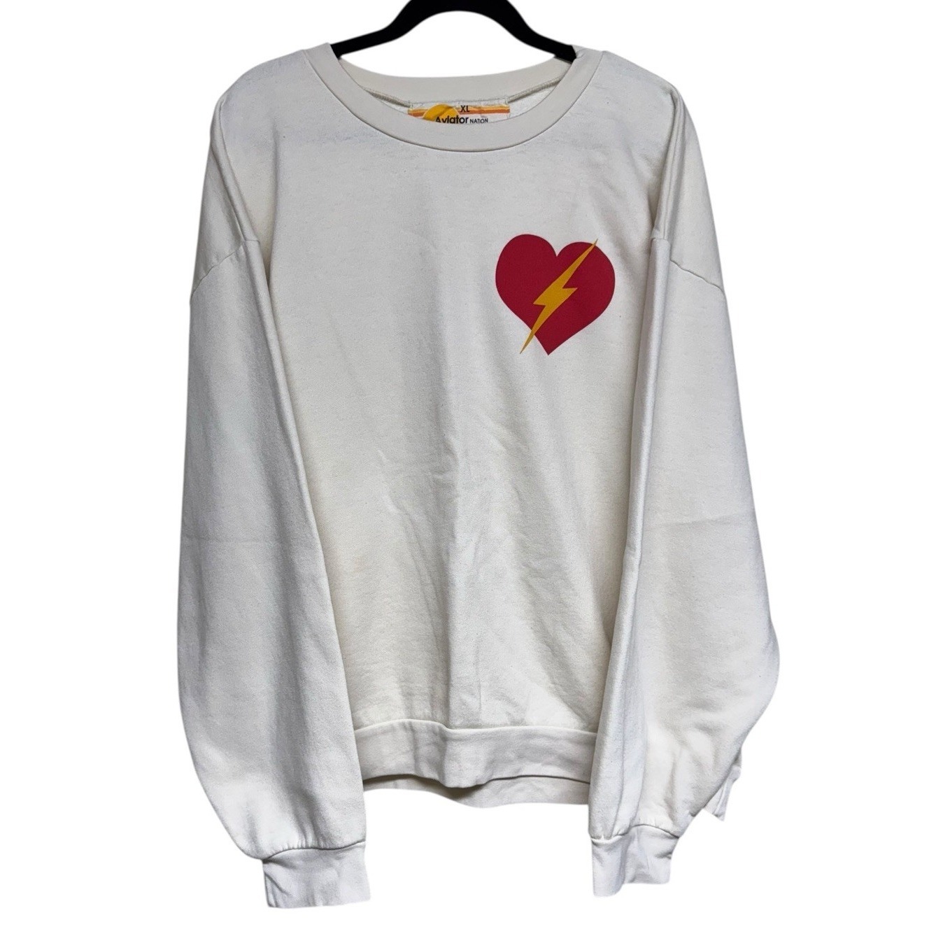 Aviator Nation Bolt Heart Relaxed Crew Sweatshirt Vintage White Women's Size Xl